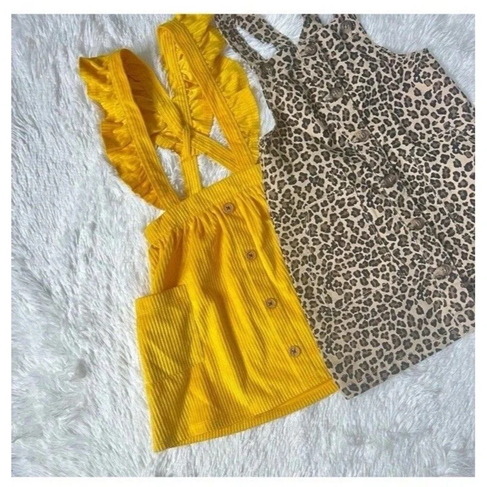 Lot 2 Wonder Nation Toddler Pinafore Dress Yellow Corduroy Leopard 4T 5T